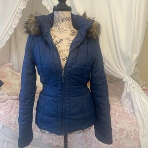 Women's Blue Bomber Jacket with Faux Fur Trim Aeropostale Y2K Size Small